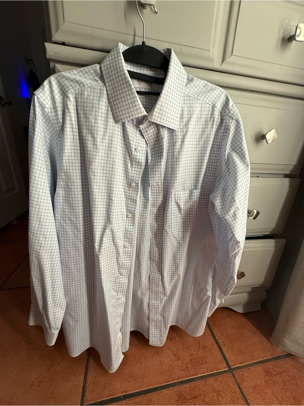 Men's White Dress Shirt with Light Blue Windowpane Check